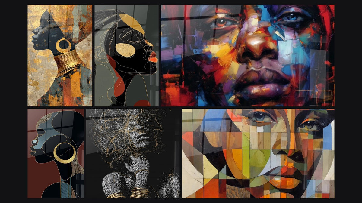 Mosaïque de six tableaux, dont Visage Africain Abstrait, Profil Femme Noire et Portrait Femme Africaine