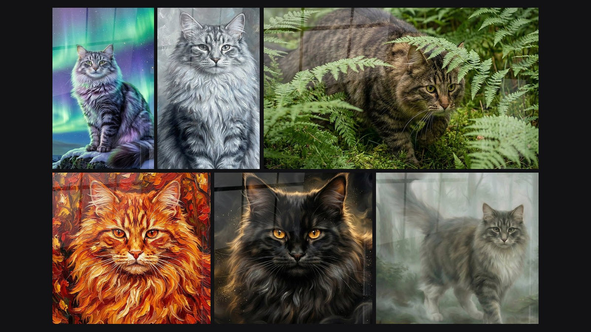 Mosaïque de six tableaux, dont Chat Norwegian Forest Cat, Chat Roux Automnal et Chat Norwegian Forest Cat Majestueux