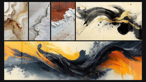 Mozaïek van vijf schilderijen, waaronder Abstract Aarde en Wit Dikke Textuur en Gepassioneerd Elan
