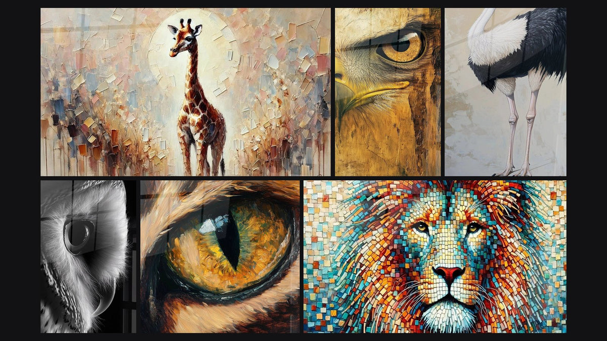 Mosaico de seis cuadros, entre ellos Gigante Poético, Águila Maestro de las alturas y Avestruz N°1