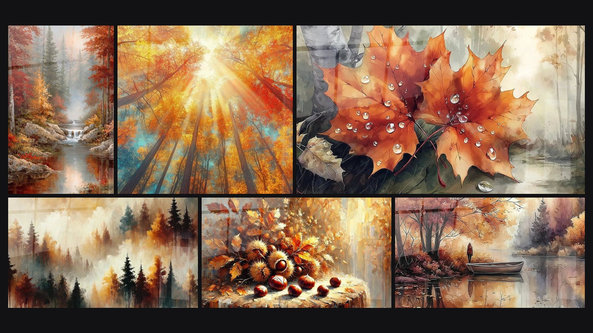 Mosaico de seis cuadros, entre ellos Cascada de la Magia Roja, Bosque Oración de Otoño y Naturaleza en Colores