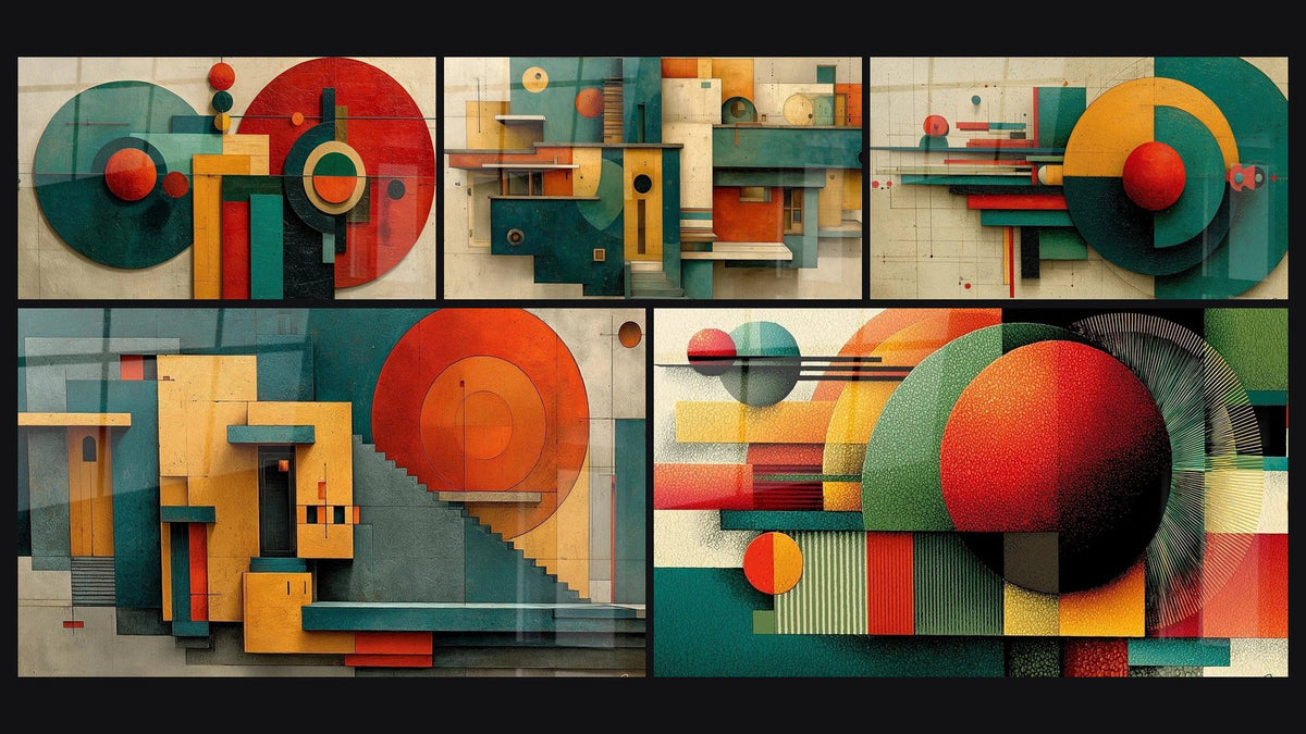 Mosaïque de cinq tableaux, dont Géométrie Formes Entrelacées et Géométrie Équilibre Dynamique