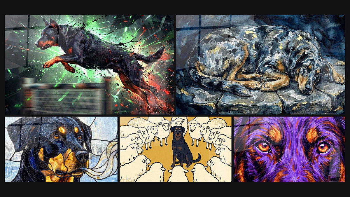Mosaïque de cinq tableaux, dont Beauceron en Mouvement Dynamique et Chien Noir aux Reflets Dorés Style Vitrail