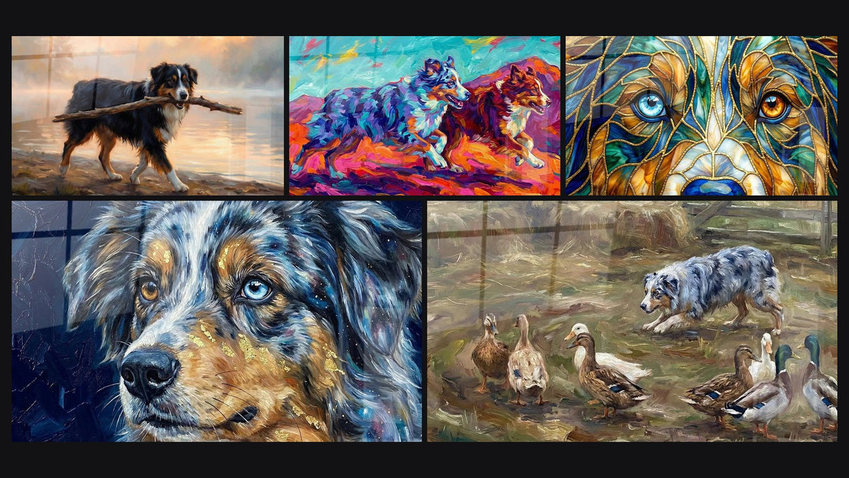 Mosaico de cinco cuadros, entre ellos Perro con Ojos Avellana Estilo Vidriera y Perro con Ojos Vairones y Reflejos Dorados
