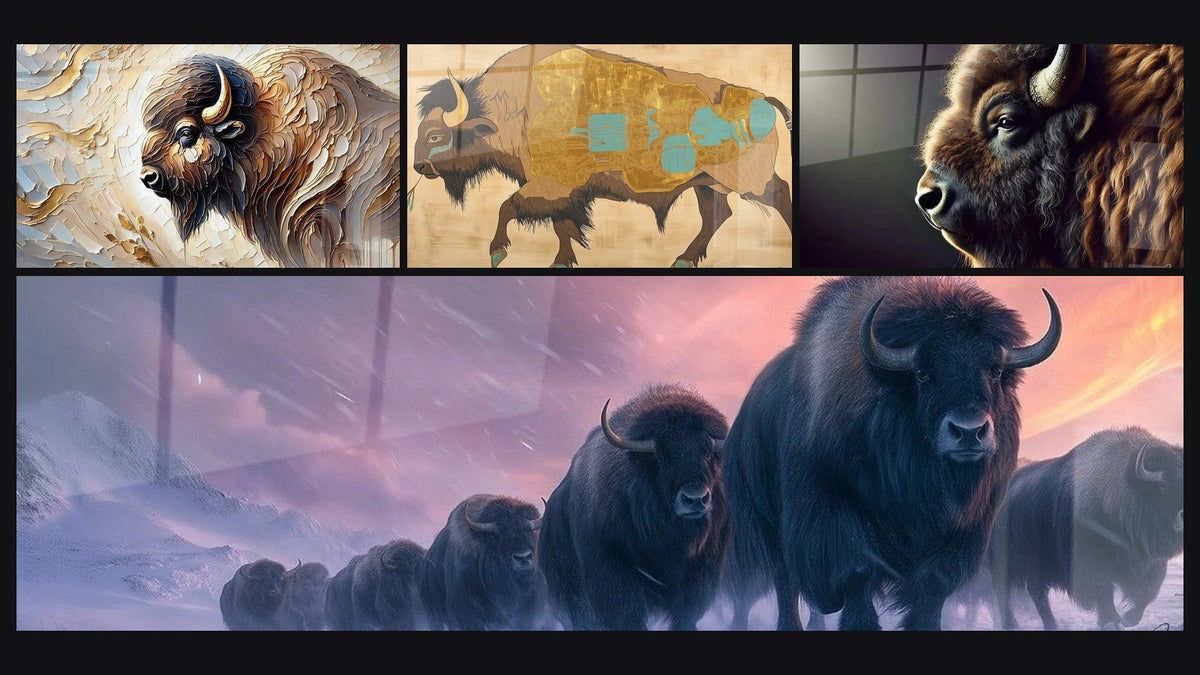 Mosaic of four paintings, including The Sage of the Mountains, Bison Sacred Memory and Bison March of the Ancestors