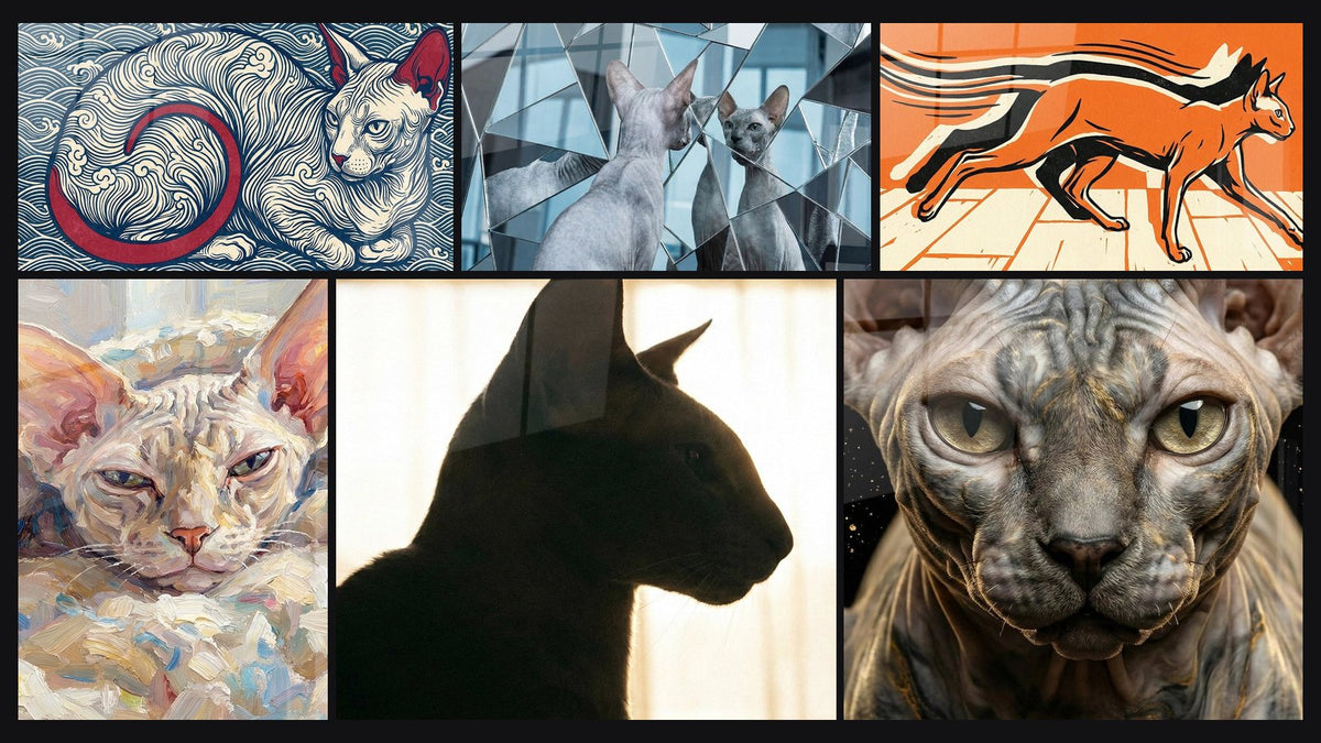 Mosaïque de six tableaux, dont Chat Stylisé Vagues Japonaises, Chat Peterbald Expressionniste et Chat Silhouette Fenêtre