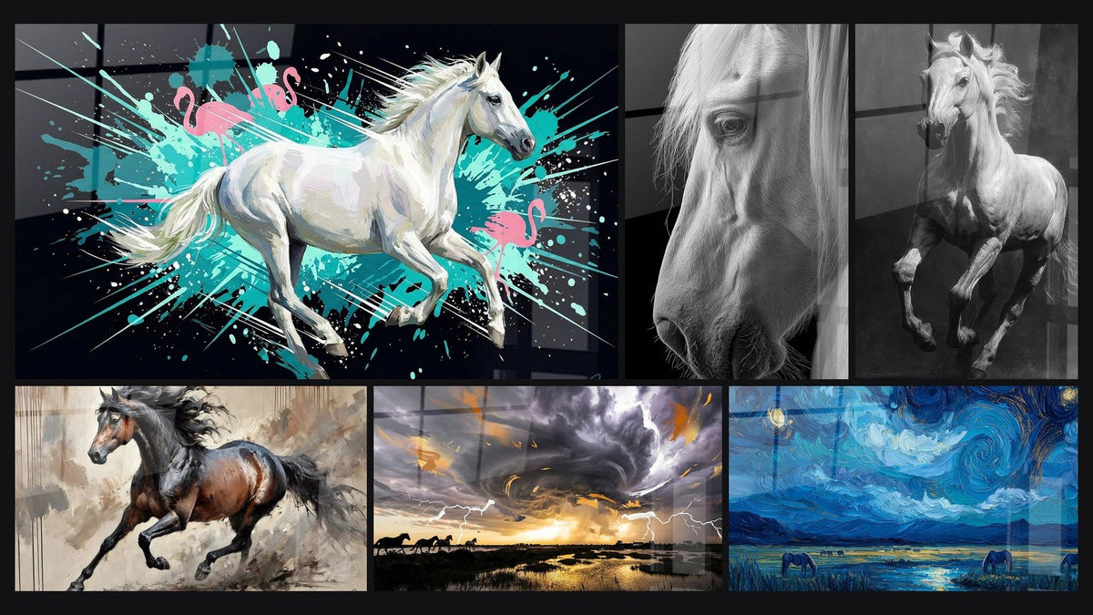Mosaico de seis cuadros, entre ellos Caballo Blanco, Caballo Blanco Retrato y Caballo al Galope