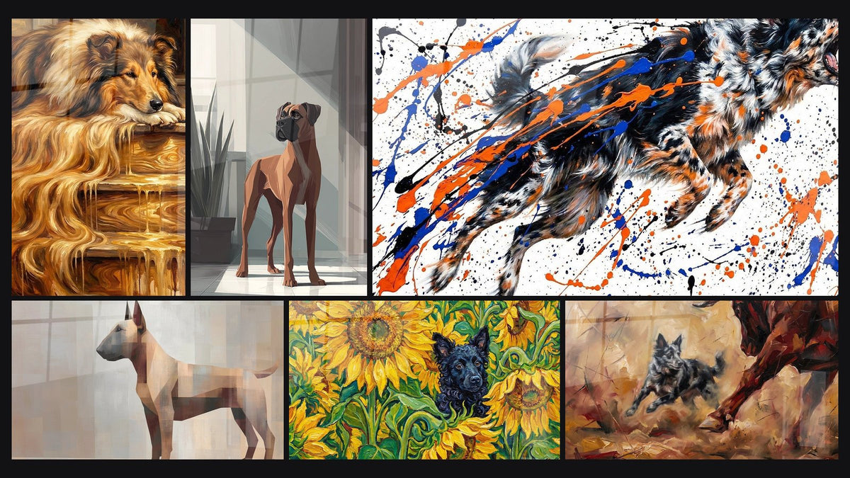 Mosaic of six paintings, including Dog with Golden Tones on Wooden Staircase and Geometric Dog Wall Art Beige and Brown