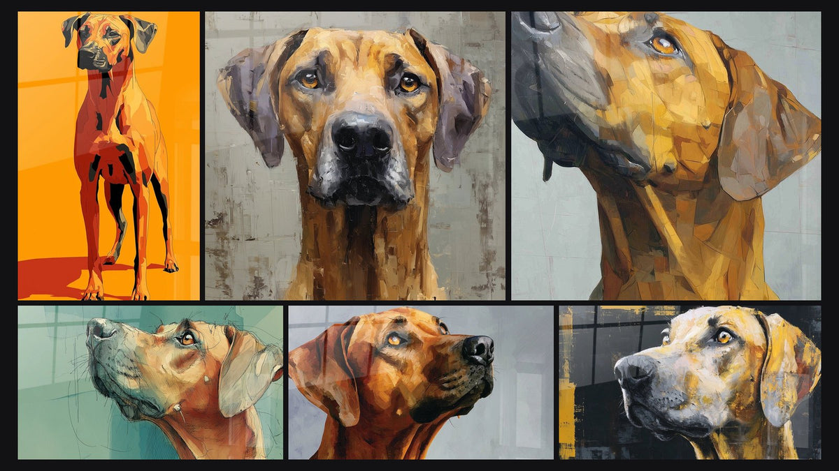 Mosaico di sei quadri, tra cui Cane Geometrico Arancione e Rosso e Ritratto di Cane nei Toni Ocra e Grigio