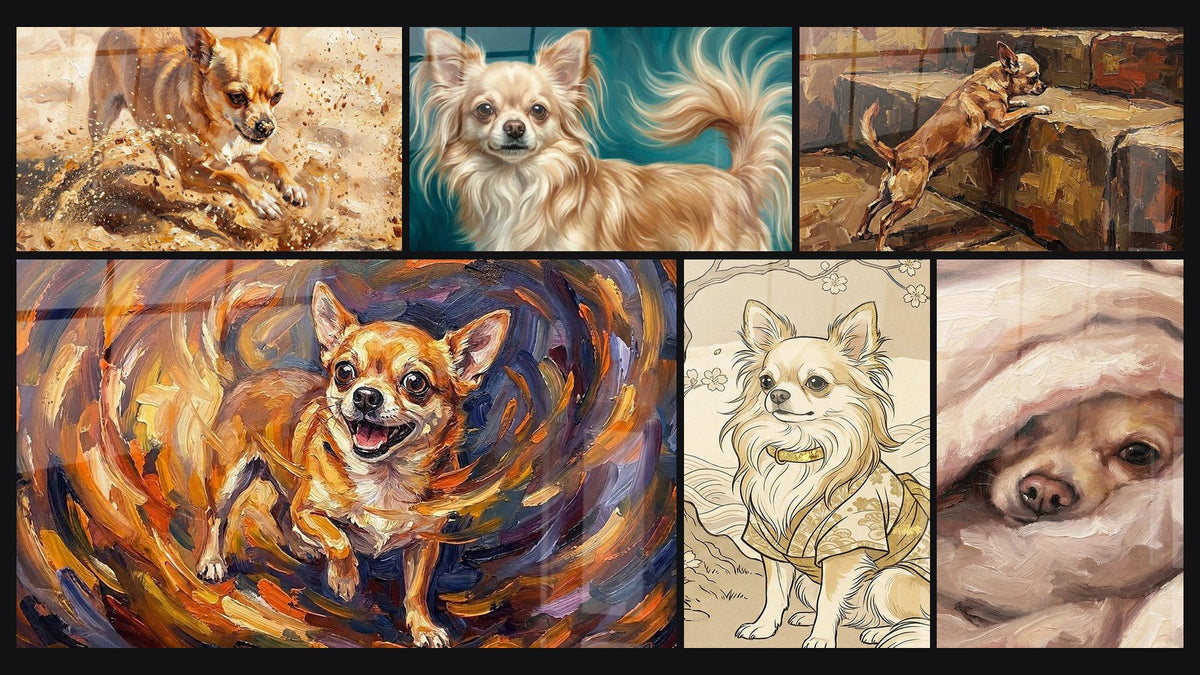 Mosaïque de six tableaux, dont Chihuahua Fauve Courant dans l'Eau et Chihuahua Poils Longs aux Reflets Dorés