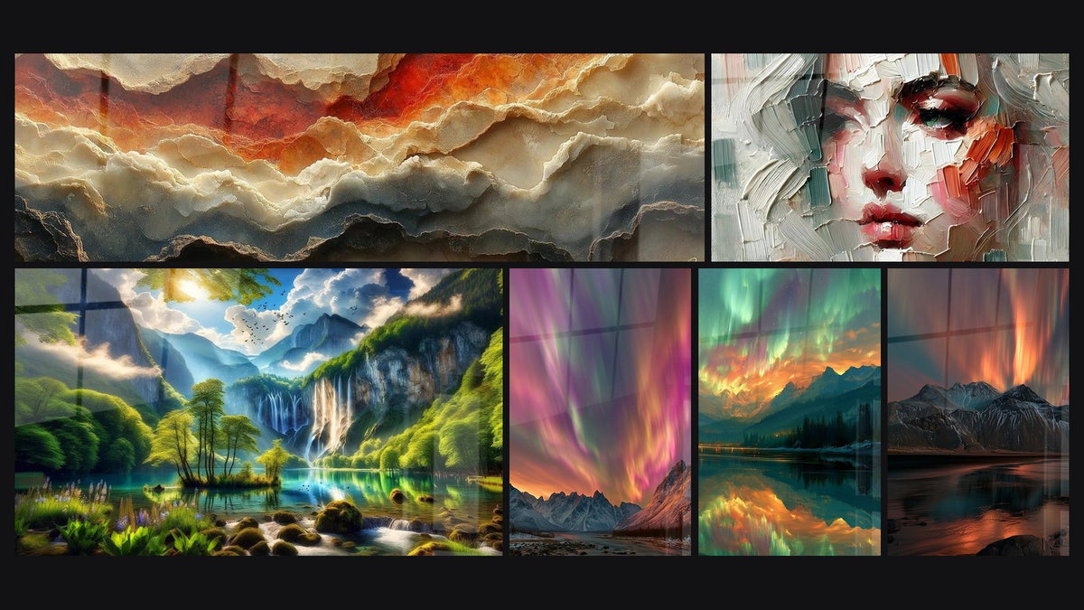 Mosaico de seis cuadros, entre ellos Olas Geológicas en Cobre, A flor de piel y Edén Verde con Mil Cascadas