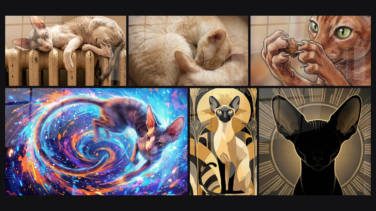 Mosaïque de six tableaux, dont Chat Cornish Rex endormi sur radiateur, Chat Cornish Rex Cosmique et Chat Siamois Art Déco