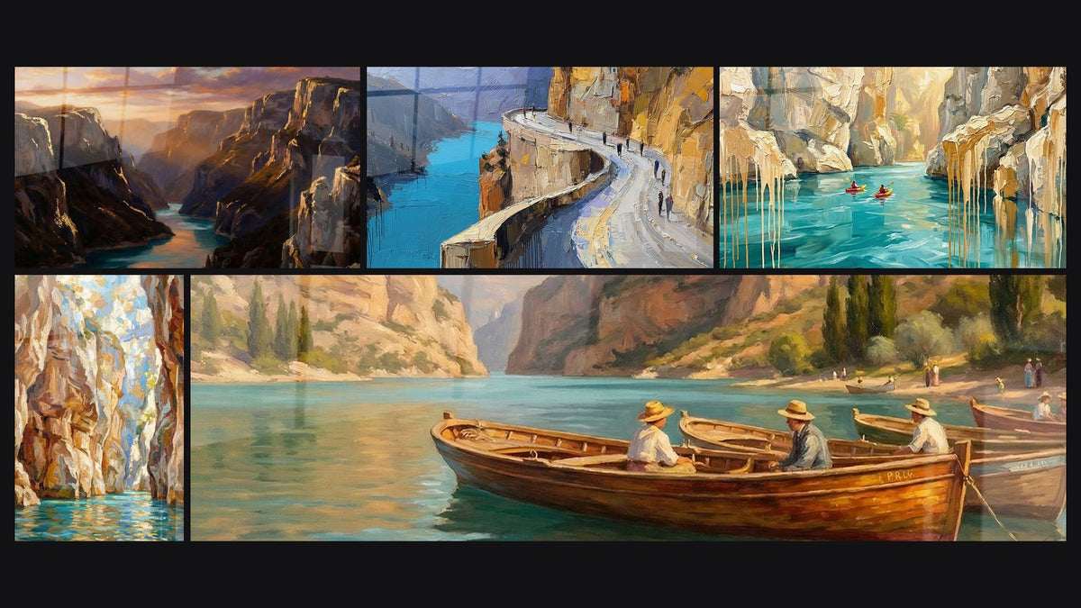Mosaïque de cinq tableaux, dont Canyon Majestueux, Route Panoramique et Canyon Aquatique