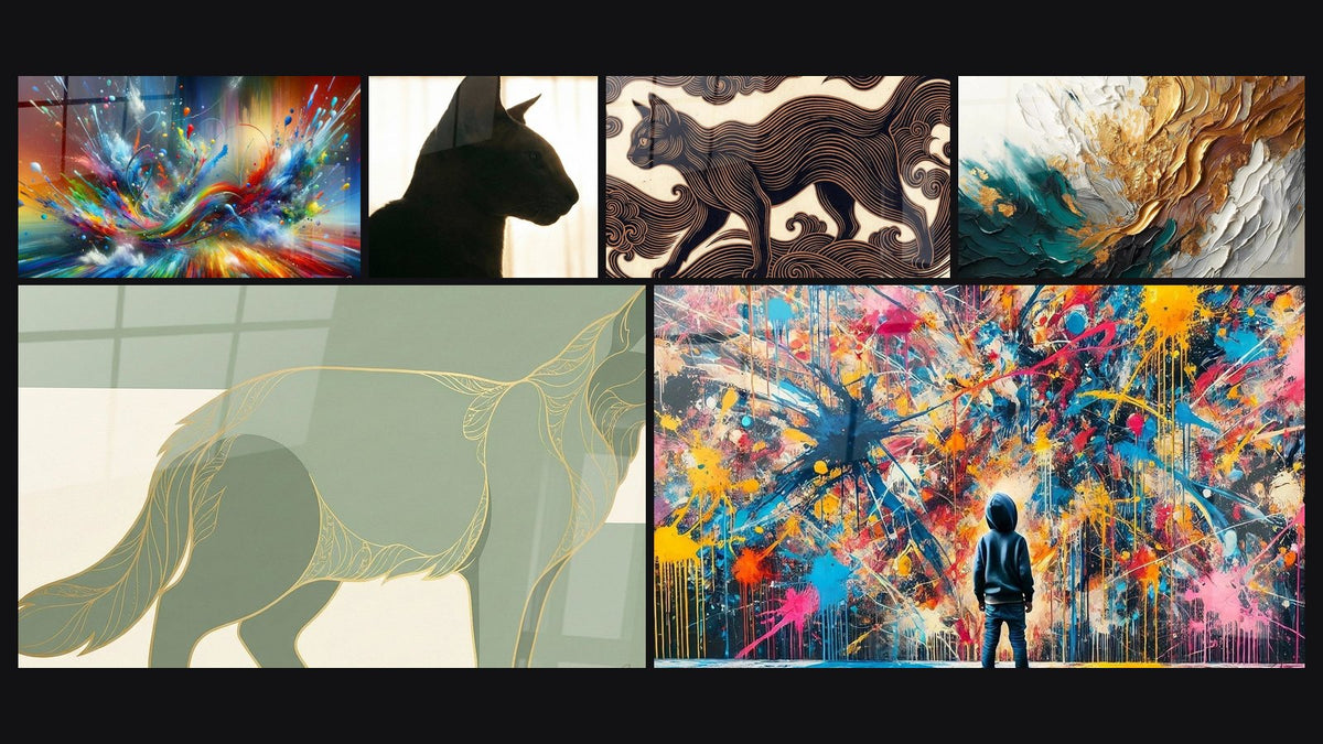 Mosaico di sei quadri, tra cui Big Bang Artistico Brillante, Silhouette della finestra di Chat e Chat Noir Stilizzata