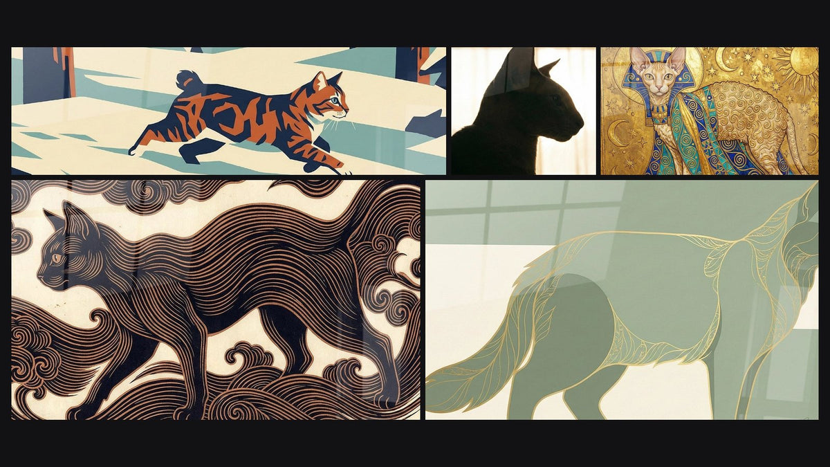 Mosaic of five paintings, including Running Cat, Stylized Black Cat and Window Silhouette Cat