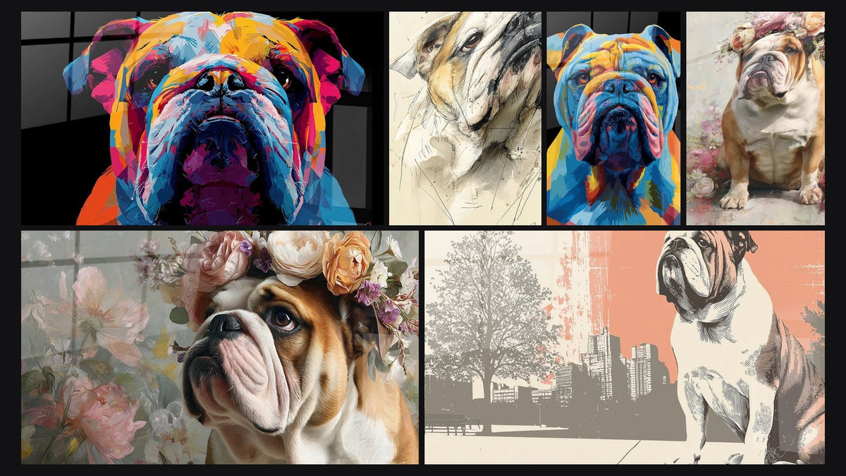 Mosaik aus sechs Gemälden, darunter Englische Bulldogge mit Blumenkrone und Englische Bulldogge mit Blütenkrone