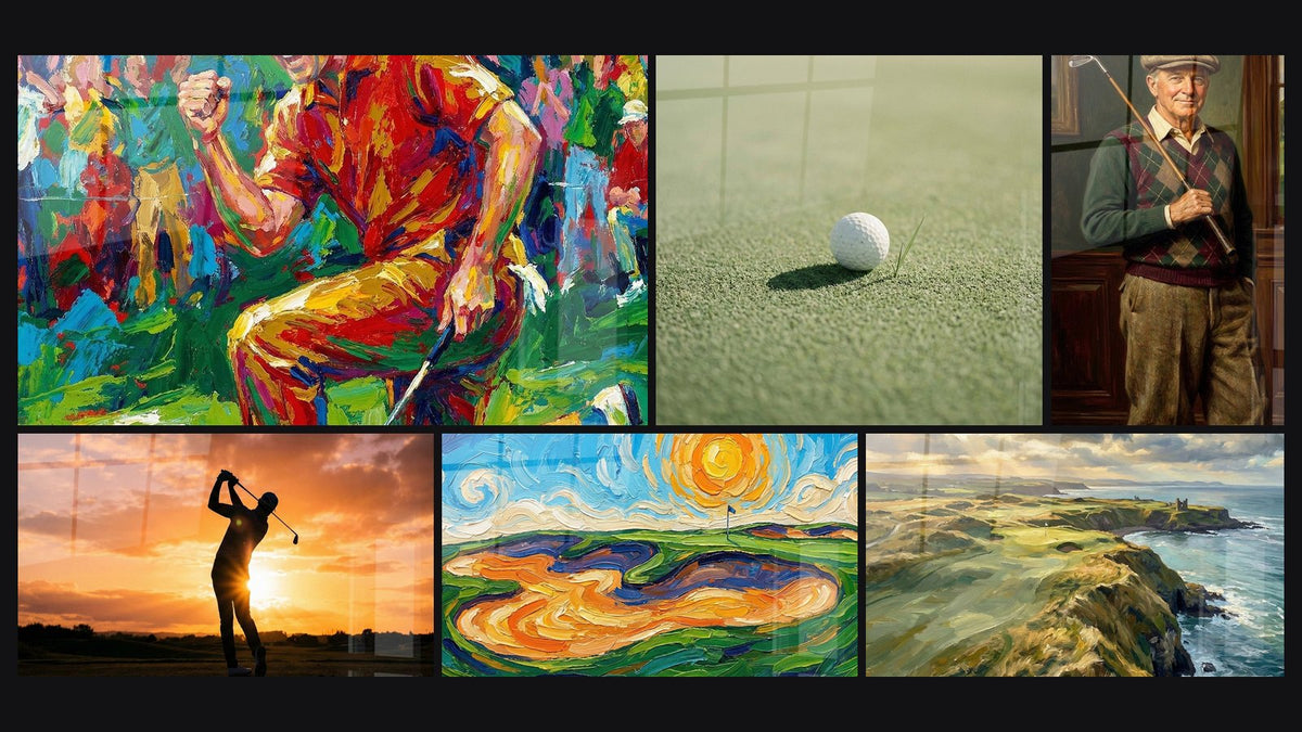 Mosaico de seis cuadros, entre ellos Jugador de Golf Victoria, Pelota de Golf sobre Green y Jugador de Golf Caballero