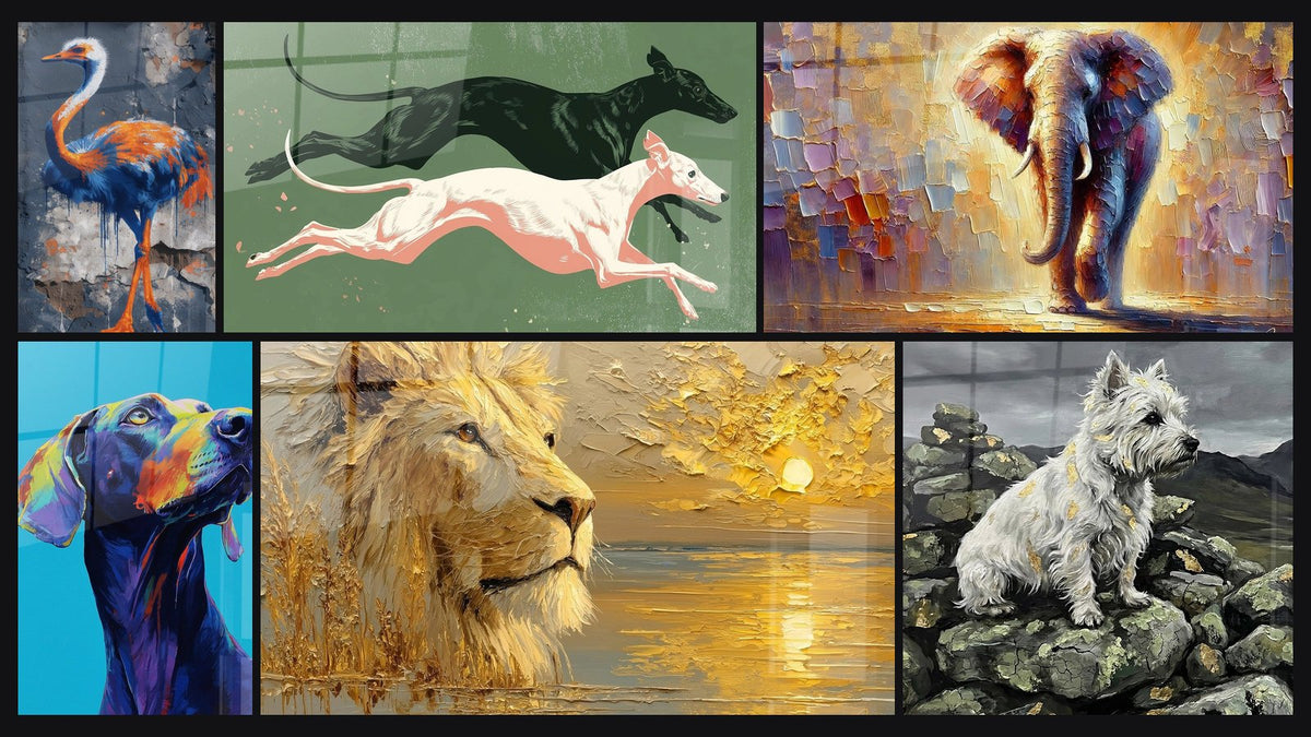 Mosaïque de six tableaux, dont Autruche Bleue et Orange sur Fond Grunge et Chien Coloré aux Tons Violets et Oranges