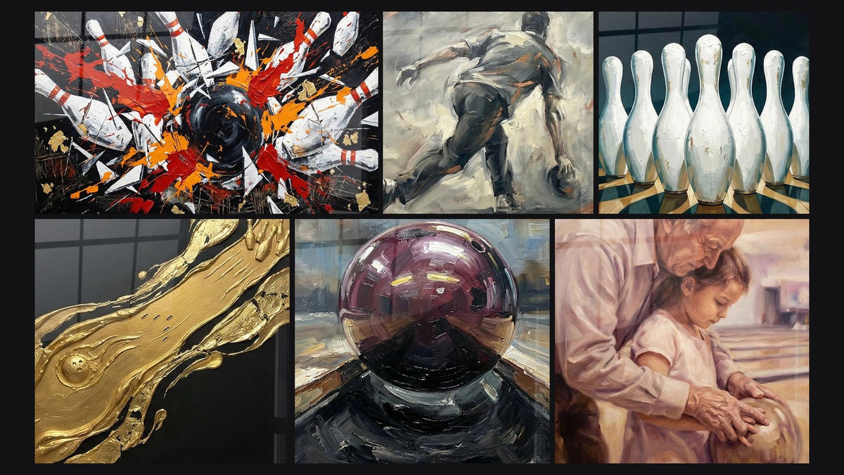 Mozaïek van zes schilderijen, waaronder Bowling Explosie Tafel, Abstract Gouden en Bowling Paarse Bowlingbal