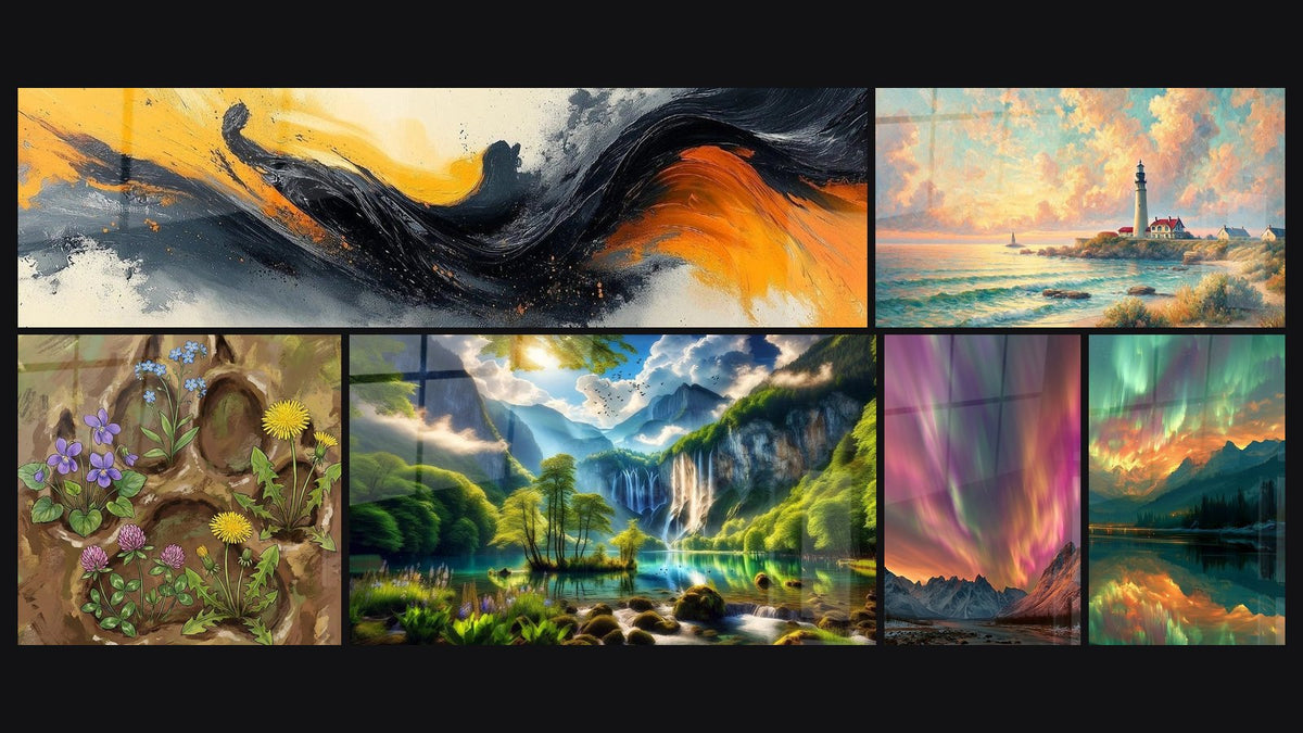 Mosaico de seis cuadros, entre ellos Sinfonía Contrastada Negra, Flores Silvestres en Huella y Amanecer en el Faro