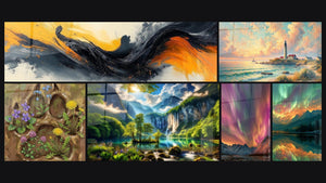 Mosaico de seis cuadros, entre ellos Sinfonía Contrastada Negra, Flores Silvestres en Huella y Amanecer en el Faro