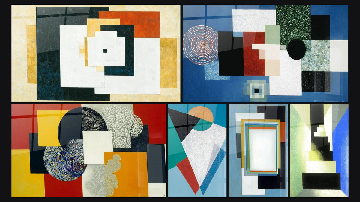 Mosaïque de six tableaux, dont Géométrie Force Architecturale, Géométrique Force Centrifuge et Géométrie Synthèse Utopique