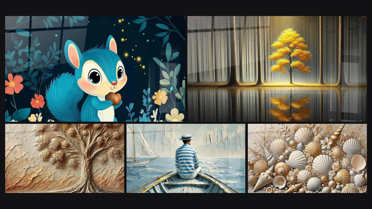 Mosaic of five paintings, including Children's Wall Art No.18, Ancient Tree and The Art of Water