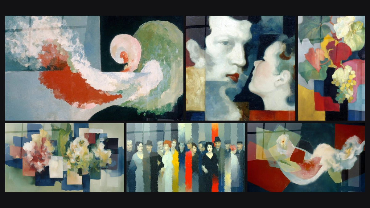 Mosaïque de six tableaux, dont Formes Accident Volontaire, Visages Dialogue Muet et Fleurs Puzzle Vivant