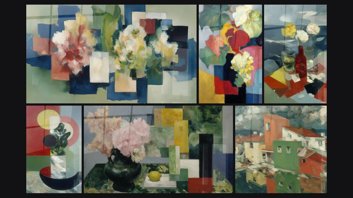 Mosaico di sei quadri, tra cui Natura morta vaso disobbediente e Vaso di fiori Bouquet Nostalgie Moderne