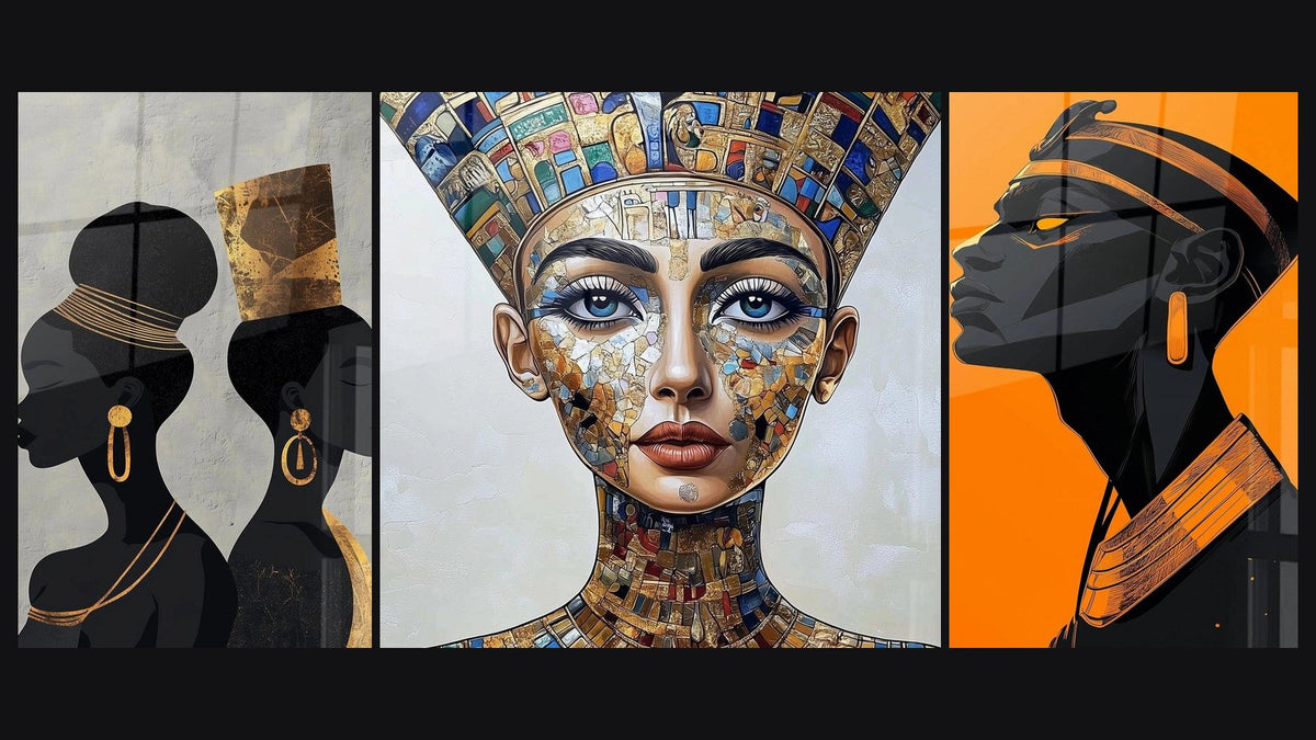 Mosaico de tres cuadros: Mujeres Elegancia Real, Nefertiti mosaico de los tiempos y Mujer Africana Diosa de bronce