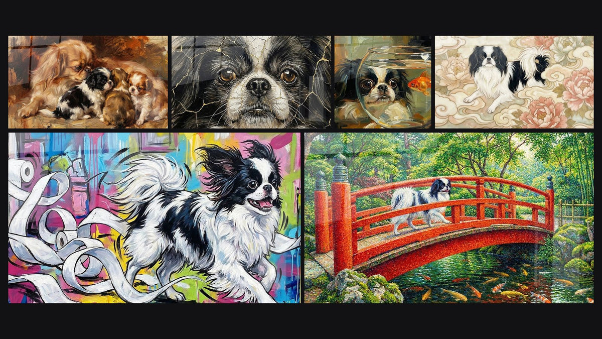 Mosaico de seis cuadros, entre ellos Madre y Cachorros en Tonos Dorados