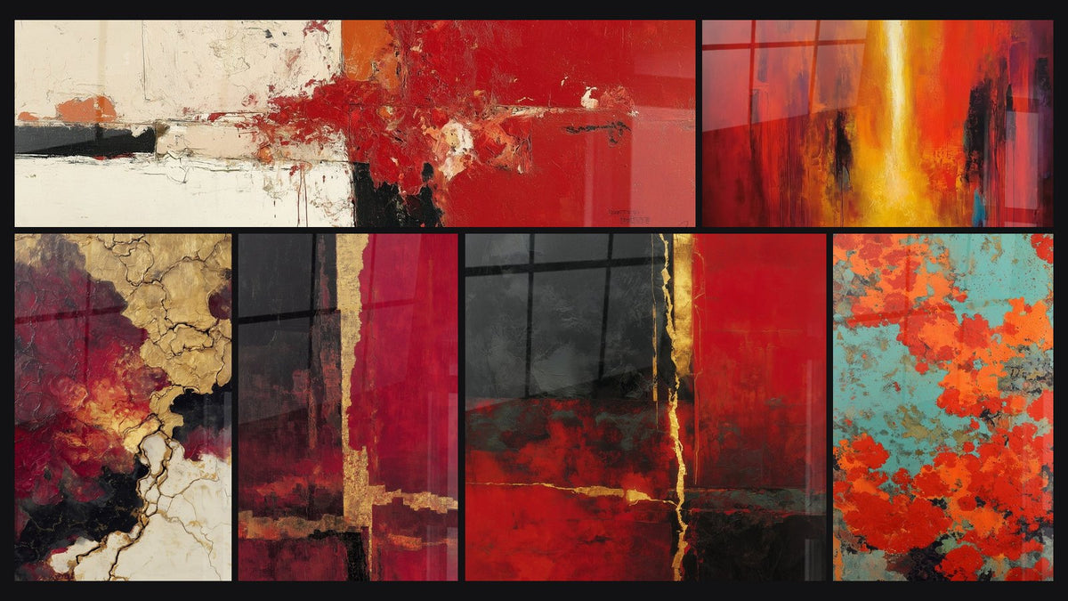 Mosaico de seis cuadros, entre ellos Abstracto Llama Dorada y Roja y Abstracto agrietado rojo burdeos y dorado