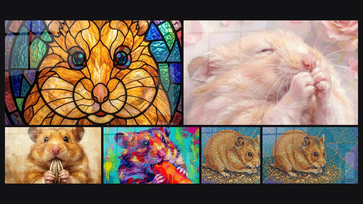 Mosaïque de six tableaux, dont Hamster Endormi aux Tons Roses et Dorés et Hamster Coloré Tenant une Pomme Rouge