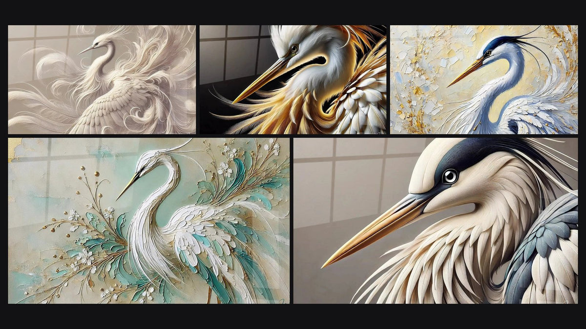 Mosaico di cinque quadri, tra cui Danza della Grazia, Il Custode del Sole e Leggerezza Sublime