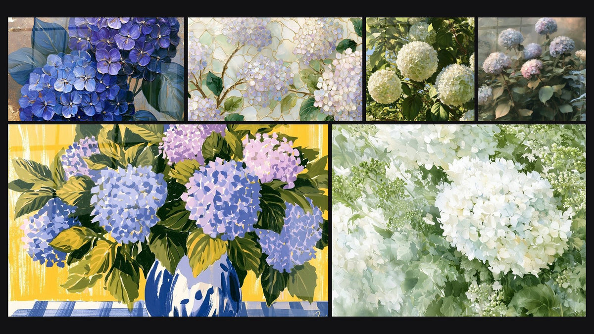 Mosaïque de six tableaux, dont Hortensias bleu et doré en fleurs et Fleurs mauves et vertes façon vitrail