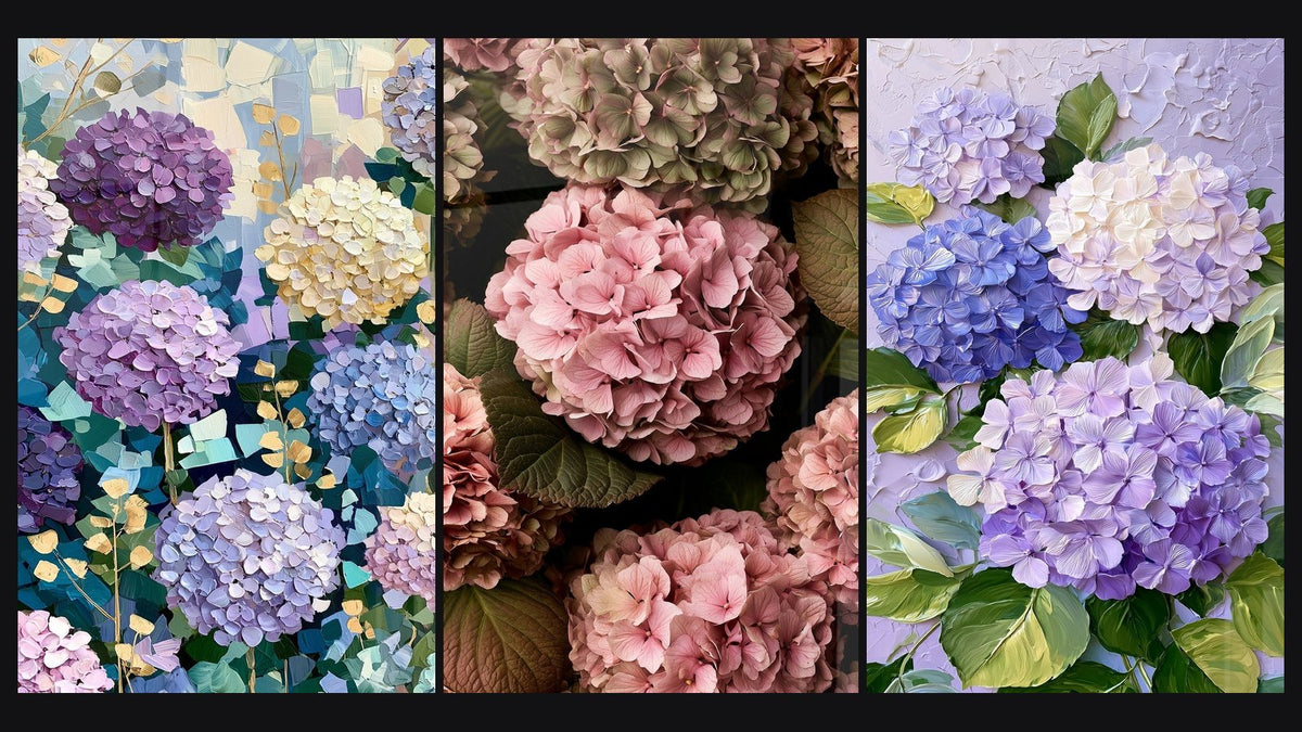 Mosaik aus drei Gemälden, darunter Hortensien rosa und moosgrün