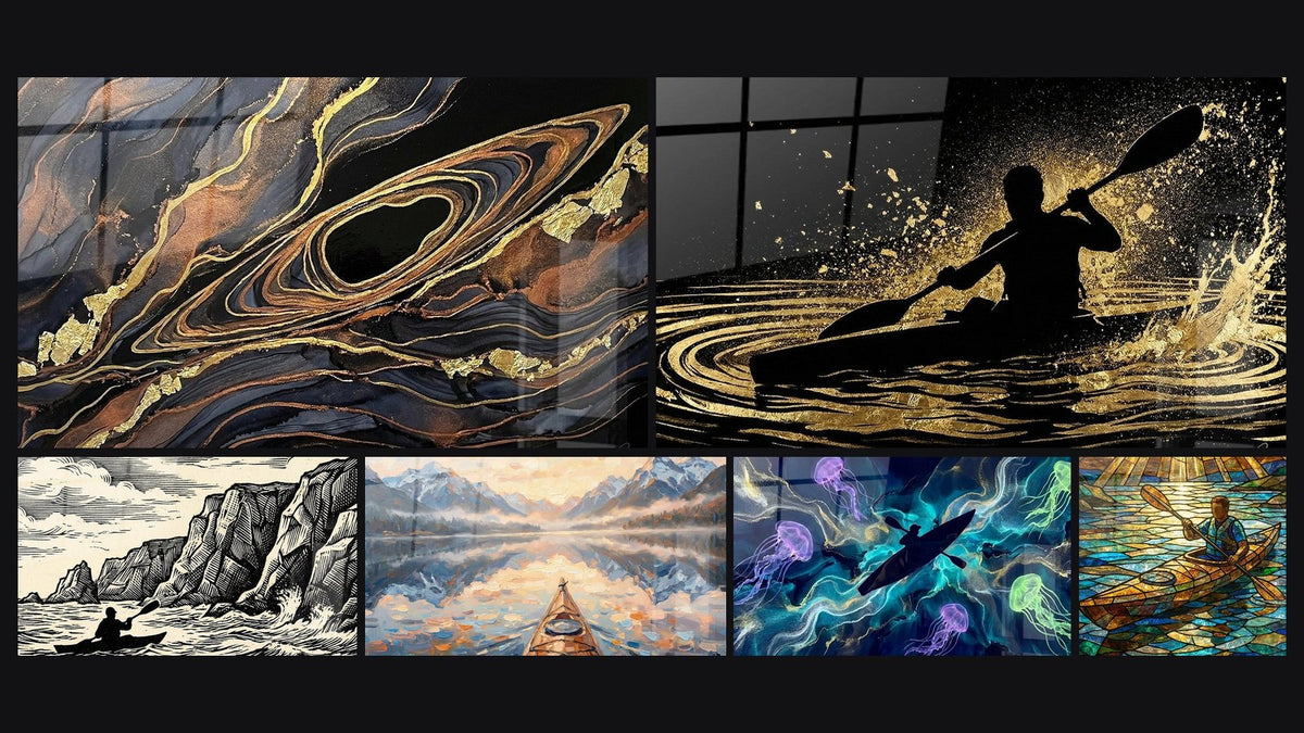 Mosaïque de six tableaux, dont Art Abstrait, Kayakeur en Action et Kayakeur Falaises Gravure