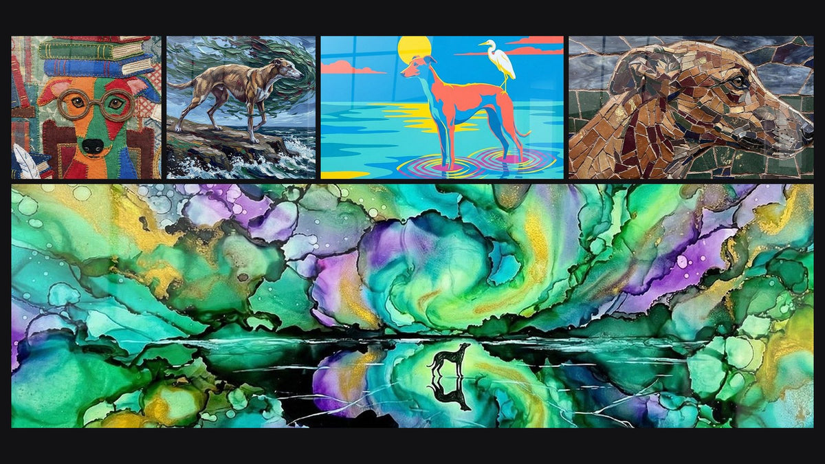 Mosaico de cinco cuadros, entre ellos Lebrel Marrón sobre Acantilado Marino y Lebrel con Colores Pop en el Agua