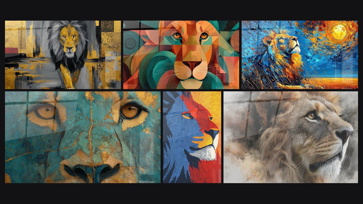 Mosaïque de six tableaux, dont Lion Majestueux aux Couleurs Tourmentées et Lion aux Tons Turquoise et Dorés
