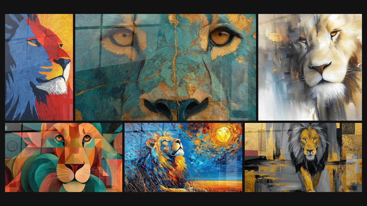 Mosaïque de six tableaux, dont Lion aux Tons Turquoise et Dorés et Lion Majestueux aux Couleurs Tourmentées