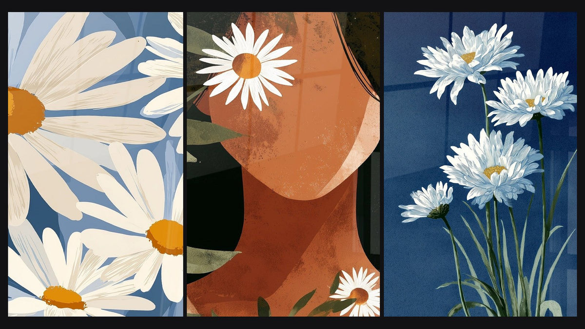 Mosaïque de trois tableaux, dont Marguerites blanches sur fond bleu marine