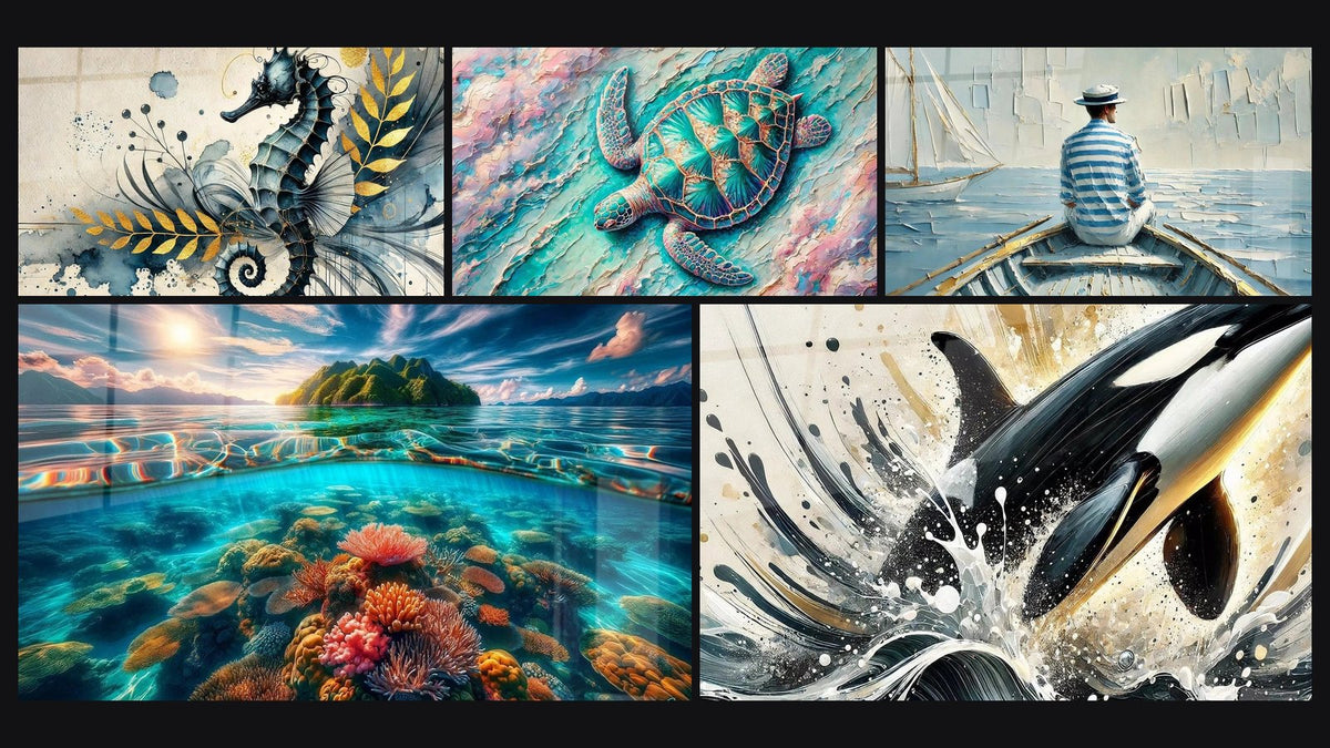 Mosaïque de cinq tableaux, dont Ballet Sous-Marin, Merveille Sous-Marine Tropicale et Mystère Marin