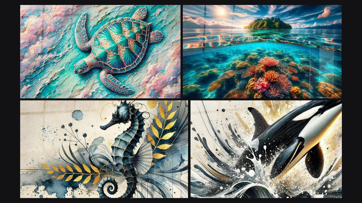Mosaïque de quatre tableaux, dont Mystère Marin, Ballet Sous-Marin et Vitalité Marine