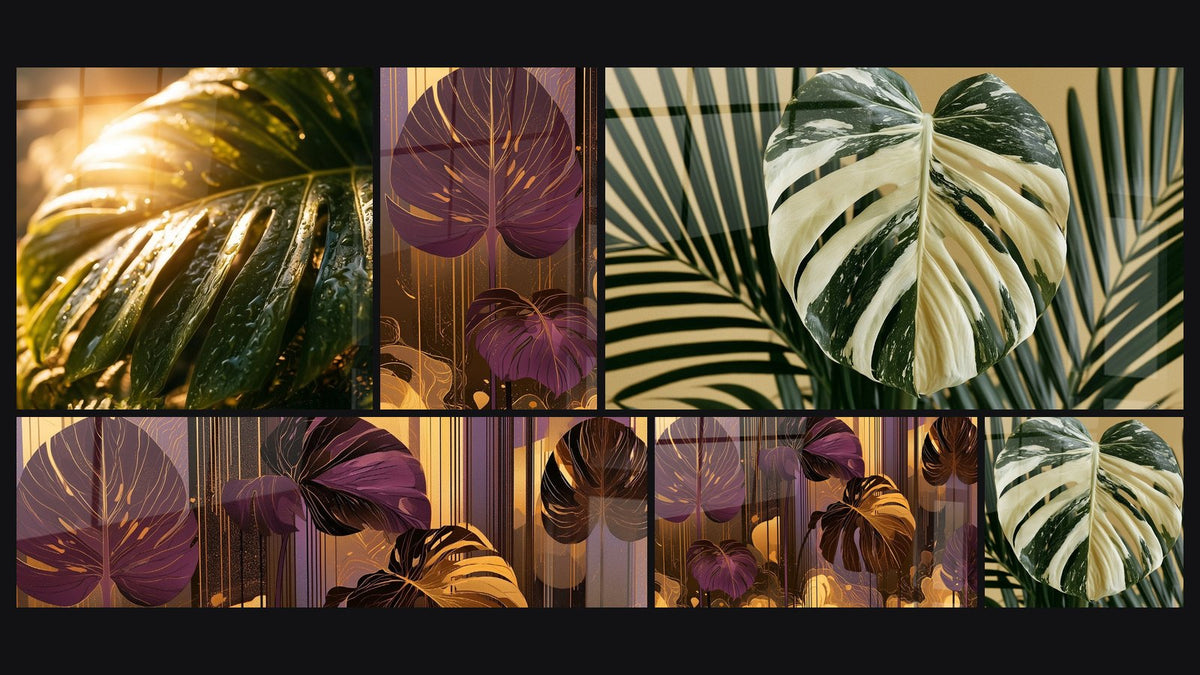 Mosaic of six paintings, including Green and Gold Leaf with Dewdrops and Purple and Gold Veined Leaves