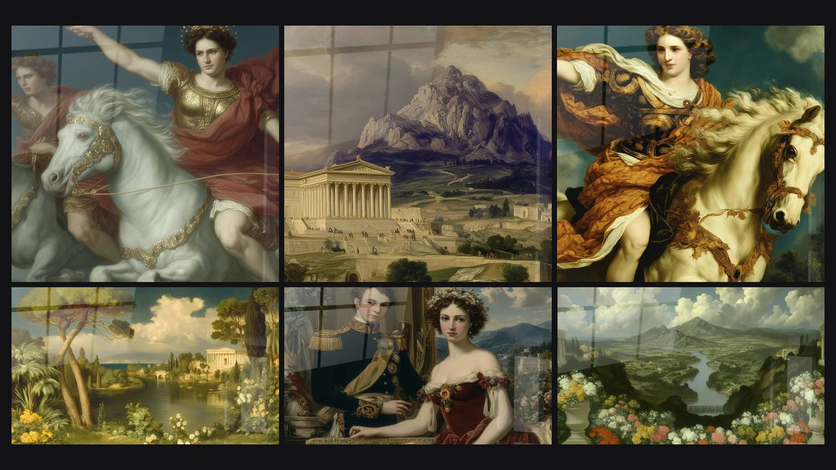 Mosaïque de six tableaux, dont Guerrier Gloire Immortelle, Temple Splendeur Antique et Guerrière Vertu Héroïque