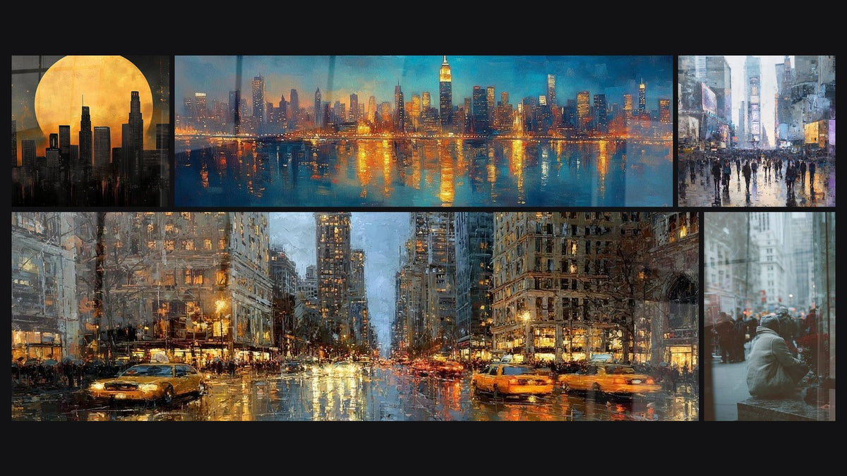 Mosaïque de cinq tableaux, dont Métropole Lune des géants, New York Rêve électrique et Rue de Manhattan sous la pluie