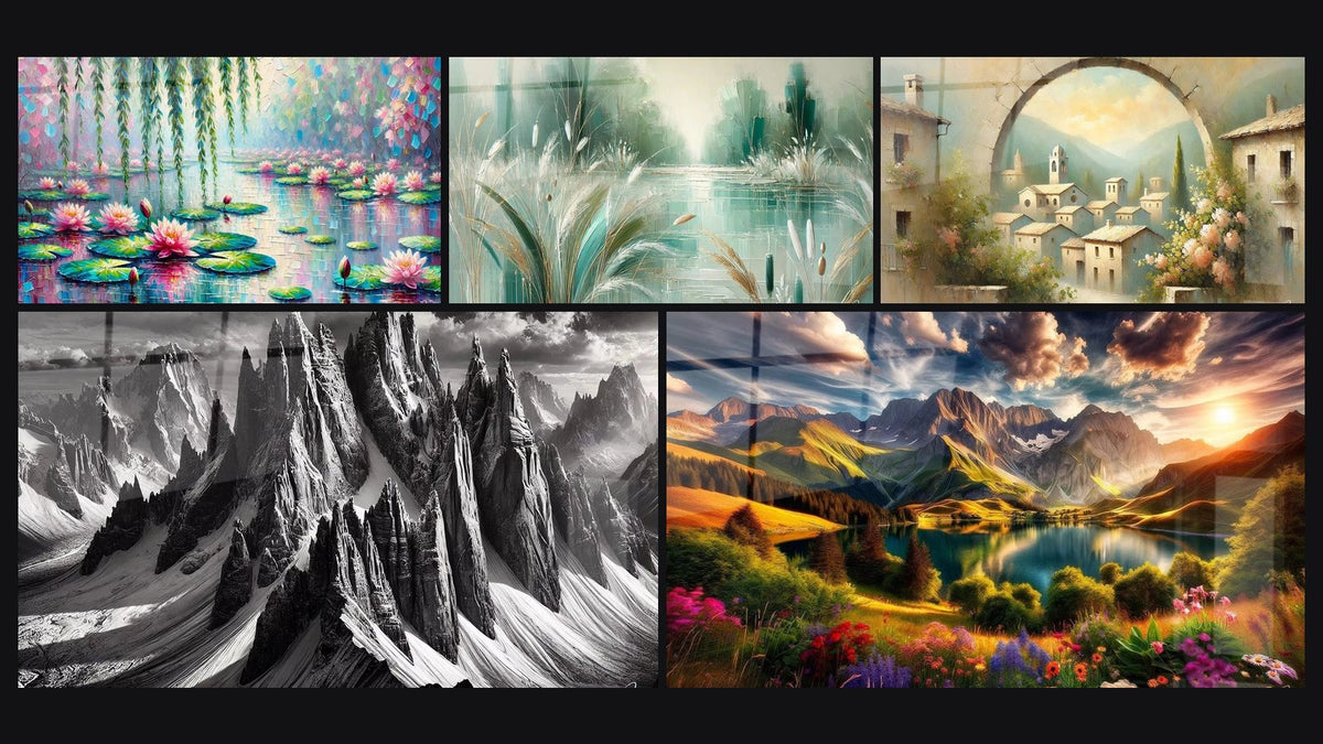Mosaïque de cinq tableaux, dont Vue naturelle N°1, À l’Ombre des Géants et Décoration paysagère N°1