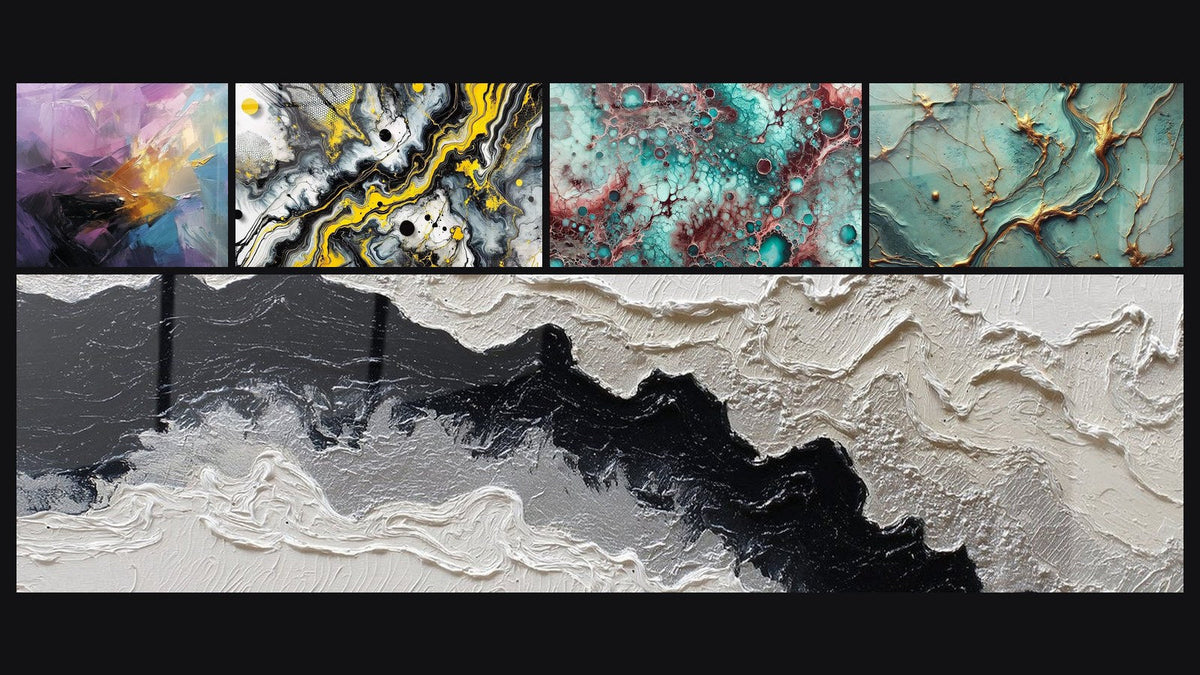 Mozaïek van vijf schilderijen, waaronder Abstracte gekleurde explosie, Zwart Impact en Tafel Essentie van Granaat