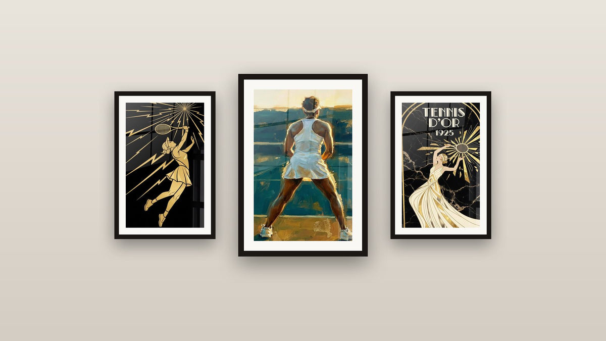 Gallery wall with three framed paintings: Female Tennis Player, Female Tennis Player in Action and Vintage Art Deco Tennis
