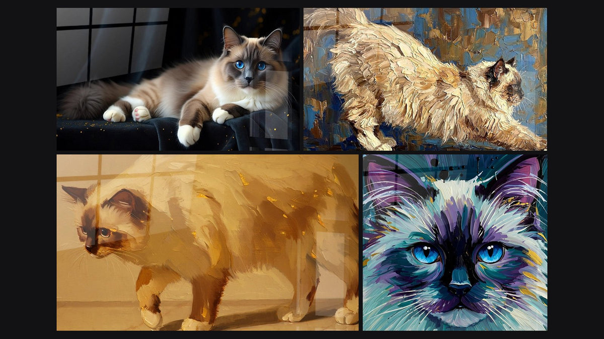 Mosaïque de quatre tableaux, dont Chat Birman aux Yeux Bleus, Chat Birman Doré et Chat Birman Yeux Bleus
